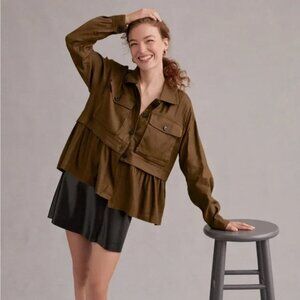 Anthropologie Maeve Flounced Utility Shirt Jacket Peplum Ruffled Olive Green M